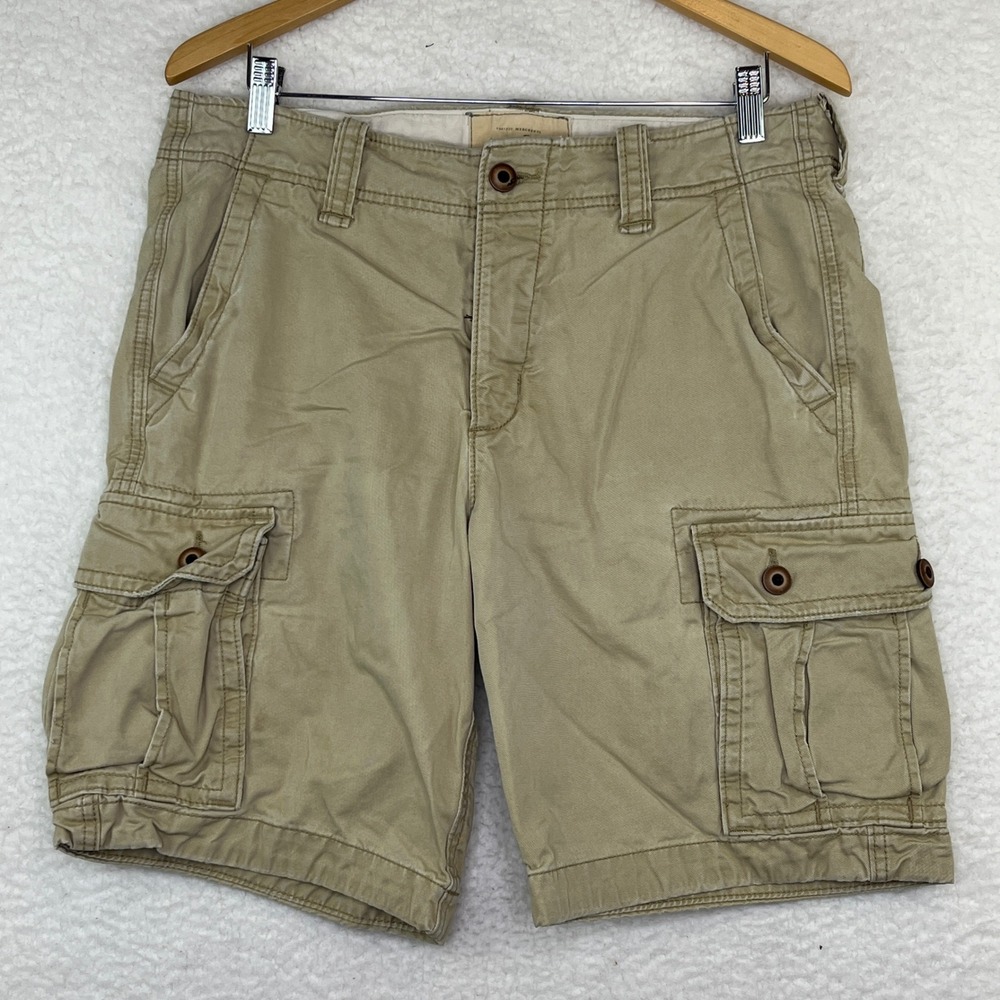 Hollister Mens Khaki Cargo Shorts Tan Beige Cotton Twill Size 33 Baggy